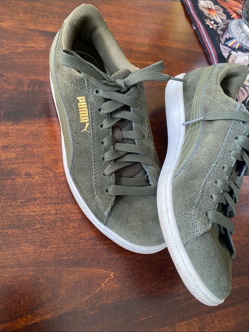 Puma Olive Suede Low-Top Sneakers with Gold Logo